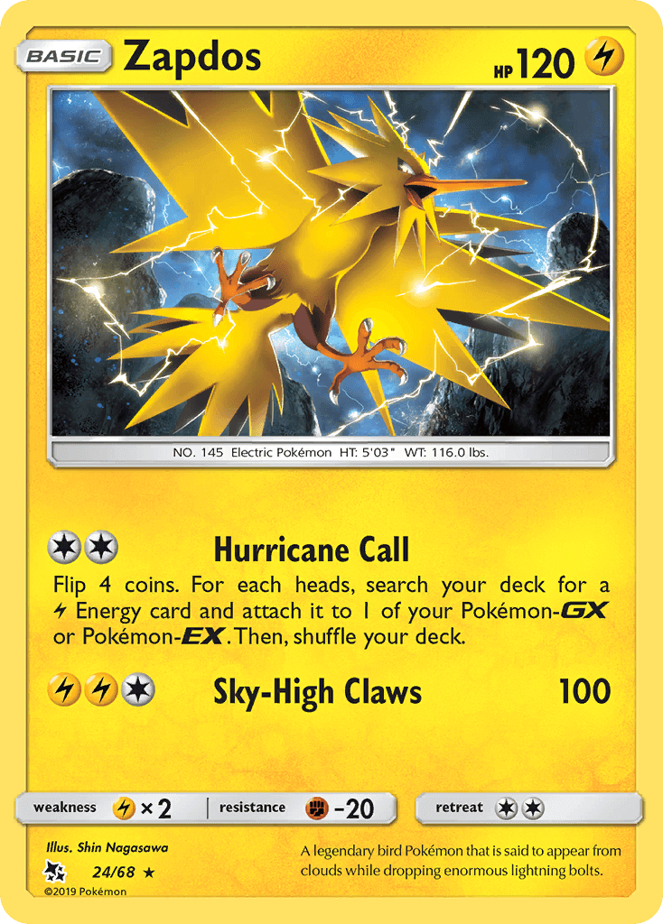 Zapdos (24/68) [Sun & Moon: Hidden Fates] Holo Rare card showcasing its Lightning type and unique abilities.
