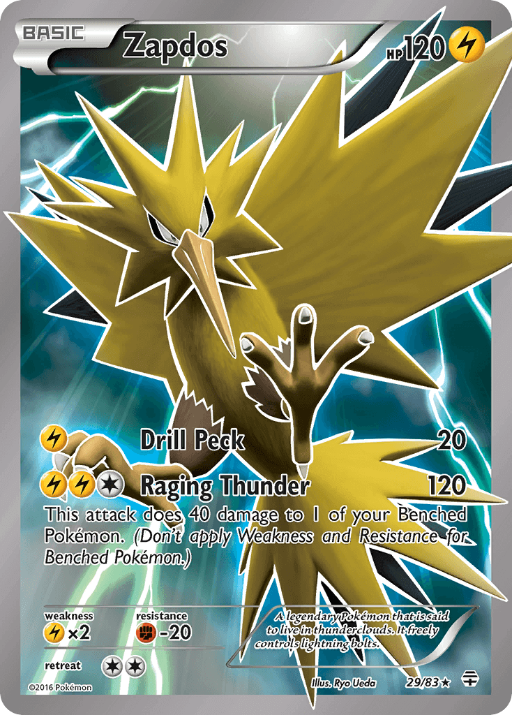 Zapdos (29/83) [XY: Generations] Holo Rare Lightning Pokémon card featuring Drill Peck and Raging Thunder attacks.