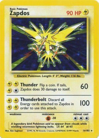 Zapdos (16/102) [Base Set Unlimited] card image featuring Lightning type and Holo Rare design.