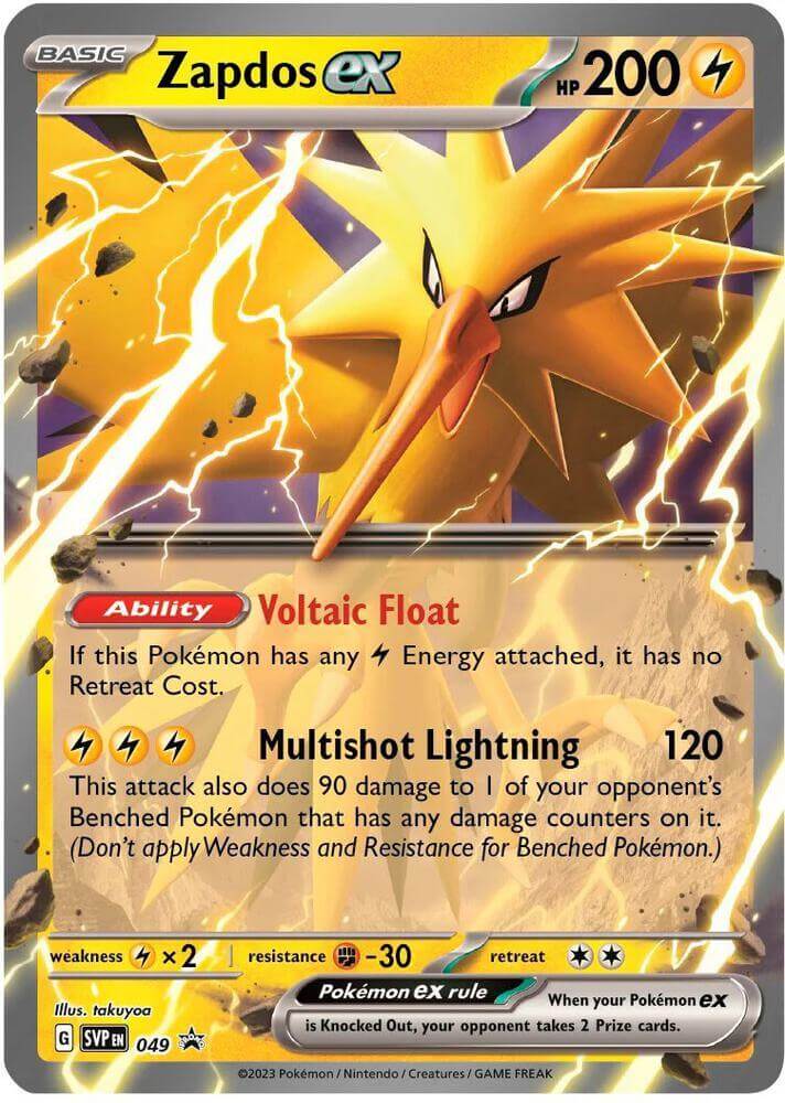Zapdos ex (049) [Scarlet & Violet: Black Star Promos] featuring HP 200 and abilities Voltaic Float and Multishot Lightning.