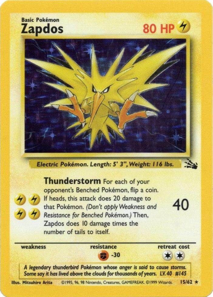 Zapdos (15/62) [Fossil Unlimited] featuring Thunderstorm ability and holo rare card details.