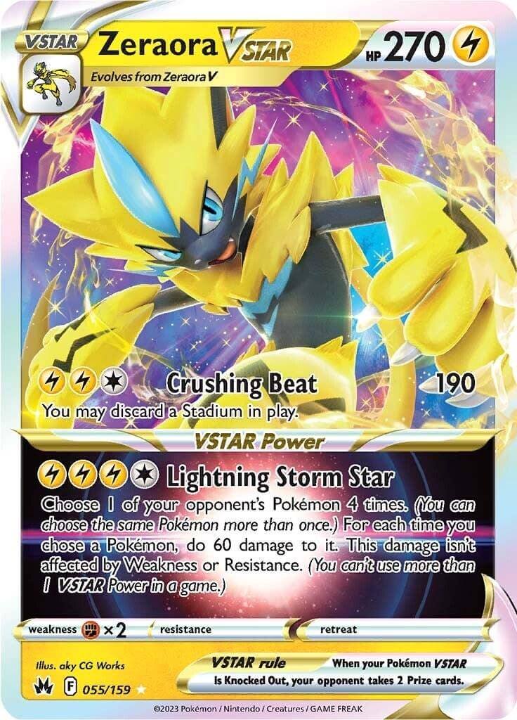 Zeraora VSTAR (055/159) [Sword & Shield: Crown Zenith] card displaying attack details and artwork under lightning theme.