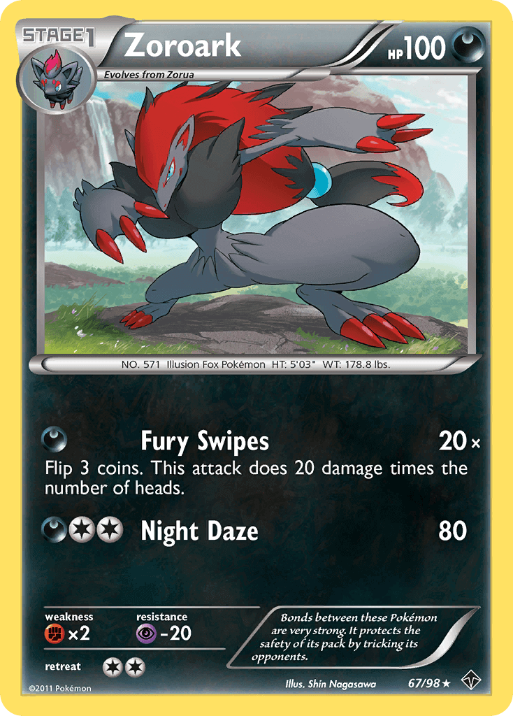 Zoroark (67/98) [Black & White: Emerging Powers] Holo Rare card featuring abilities Fury Swipes and Night Daze.