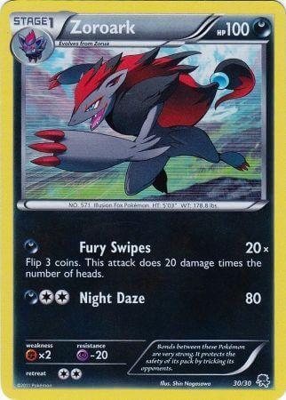 Zoroark (30/30) [Black & White: Trainer Kit - Zoroark] card showcasing its abilities and artwork.