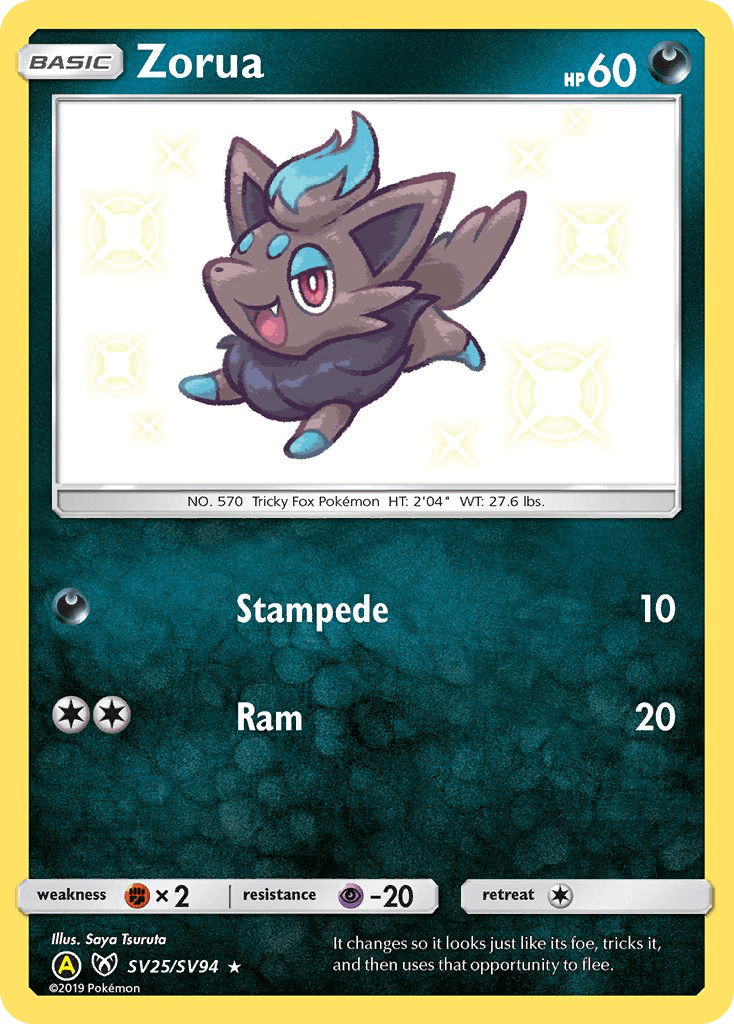 Zorua (SV25/SV94) [Sun & Moon: Hidden Fates - Shiny Vault] card featuring HP and attacks.