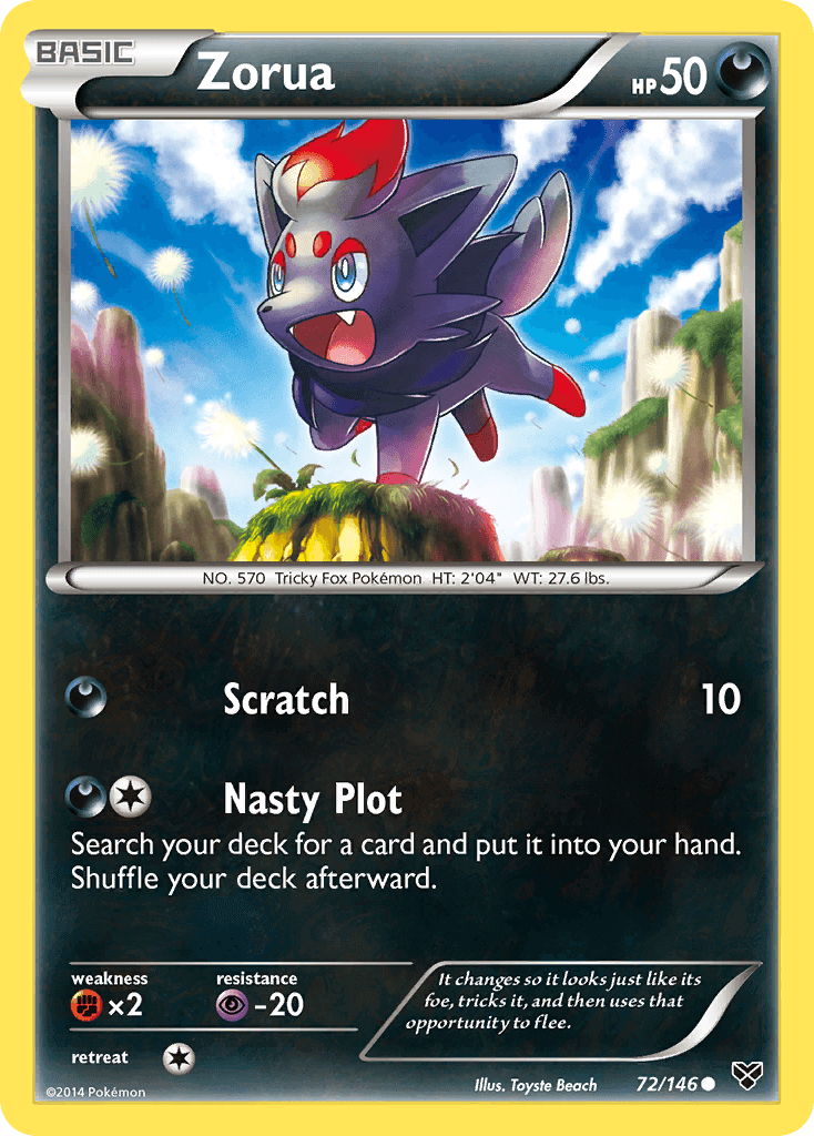 Zorua (72/146) [XY: Base Set] card featuring a playful Zorua with scratch and nasty plot abilities.