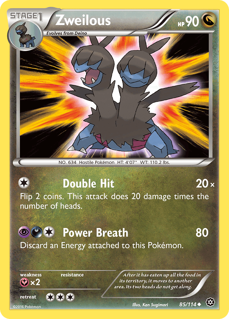 Zweilous (85/114) [XY: Steam Siege] card showcasing its abilities: Double Hit and Power Breath. Uncommon Dragon type.