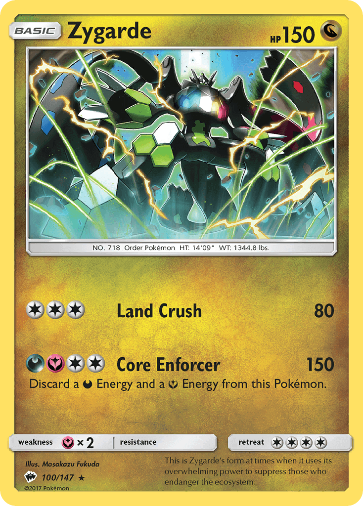 Zygarde (100/147) [Sun & Moon: Burning Shadows] card displaying Land Crush and Core Enforcer moves.