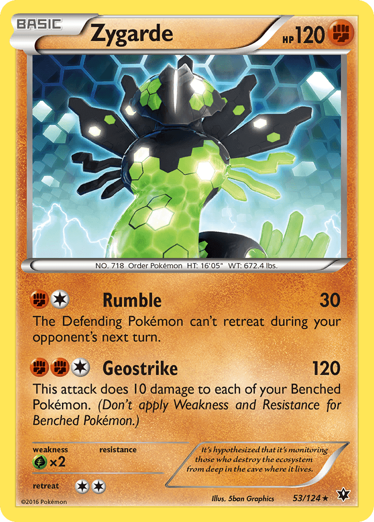 Zygarde (53/124) [XY: Fates Collide] card featuring HP, attack details, and artwork.